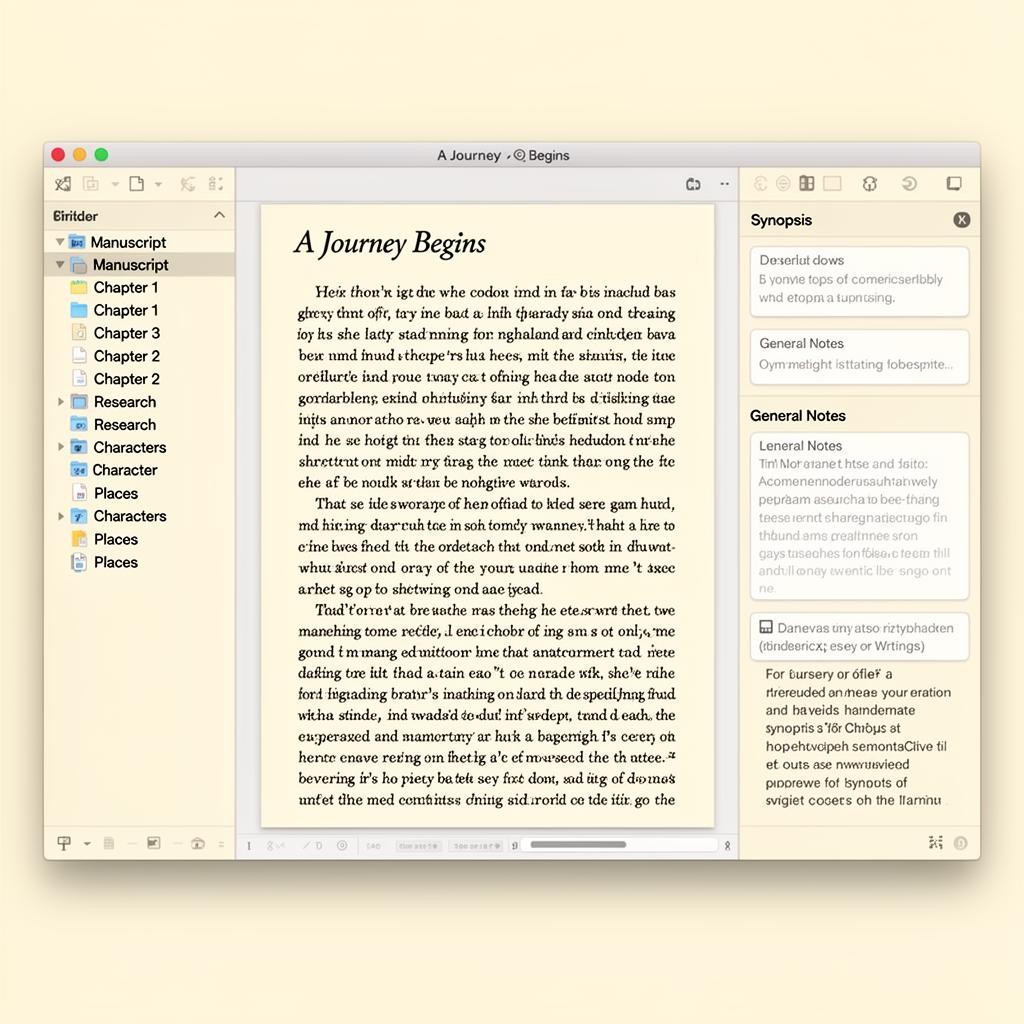 Scrivener editor with binder and inspector panels